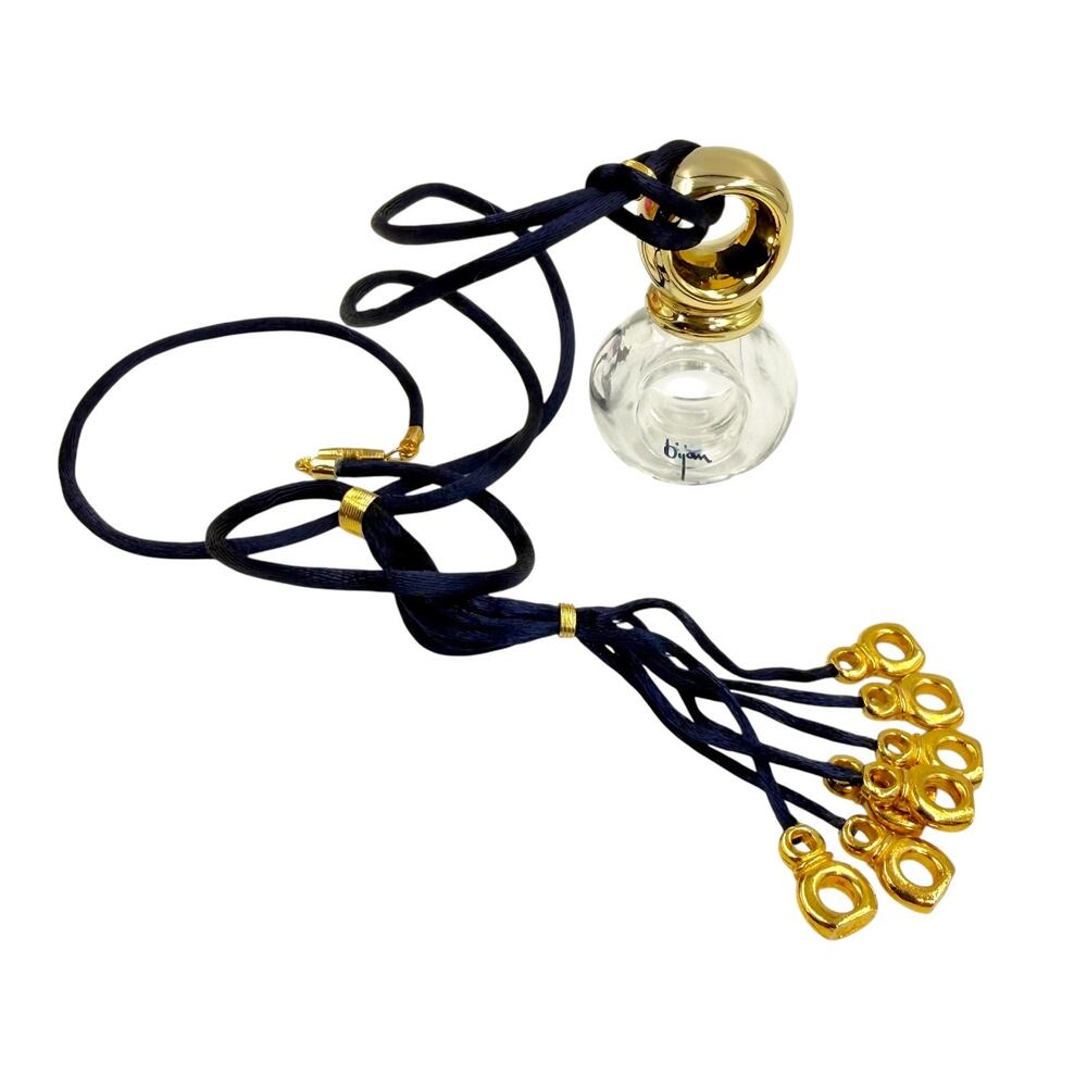 Vintage 80s Bijan Perfume Pendant Necklace Glass Empty Bottle Charm Gold Retro
